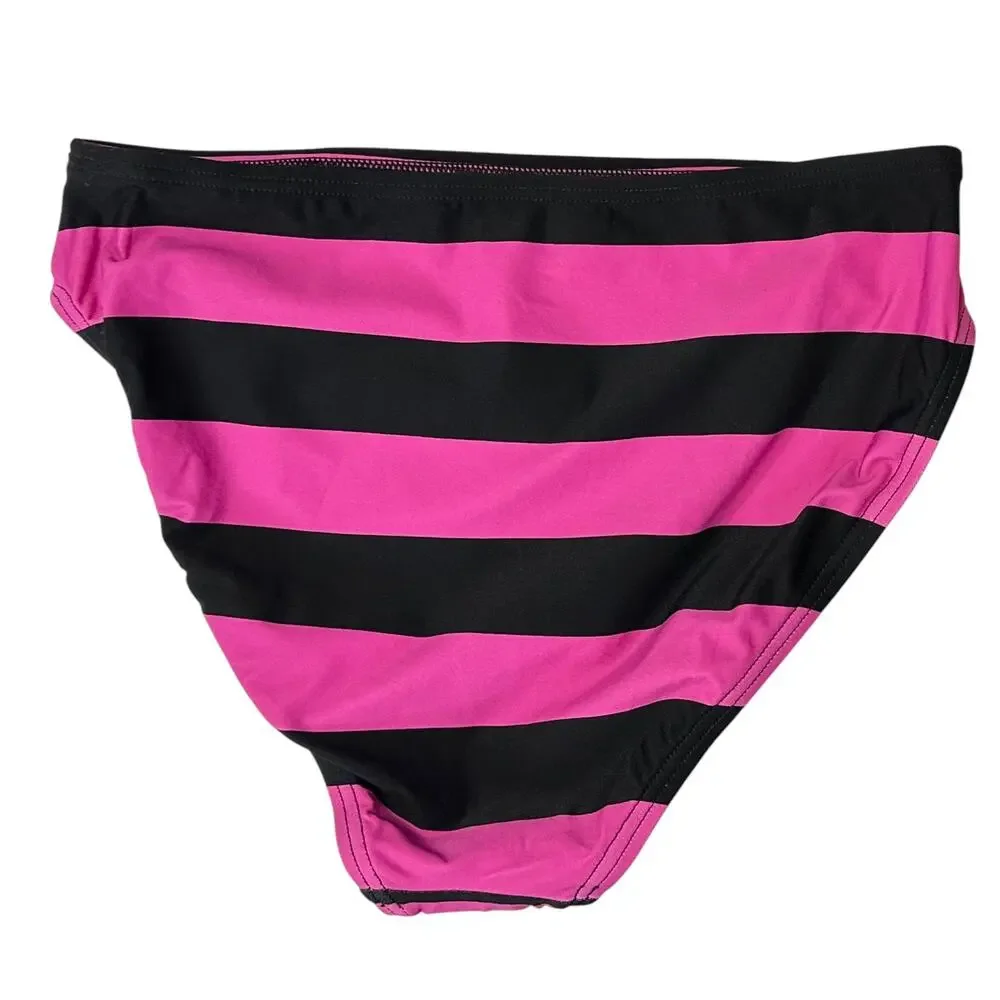 NWT Michael Kors High-Waisted Striped Bikini Bottom Pink Black Size M